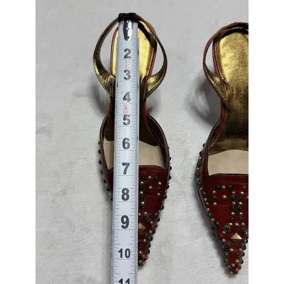 Vtg Giuseppe Zanotti Vicini Jeweled Red Leather Slingback Heels Italy 7B Medium - Picture 6 of 16